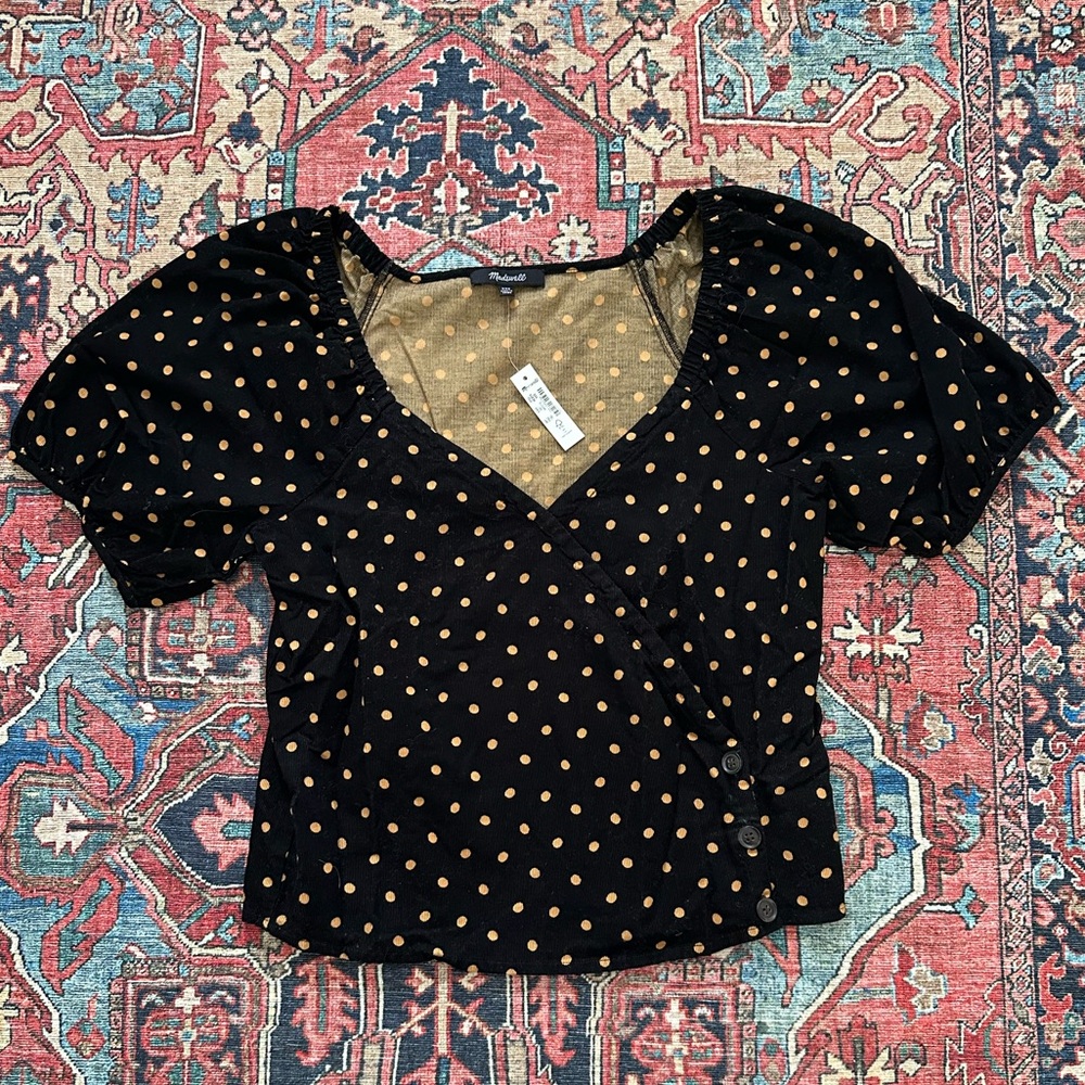 NWT Madewell Black and Gold Puff Sleeve Polka Dot Wrap Blouse XXS